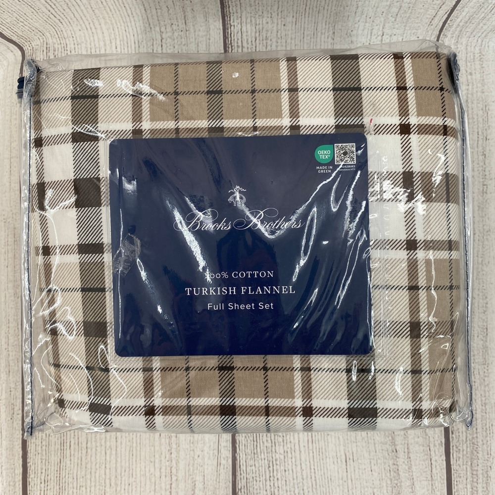 Brooks Brothers Turkish Flannel Sheet Set Full Tan Brown White Plaid Cozy Warm